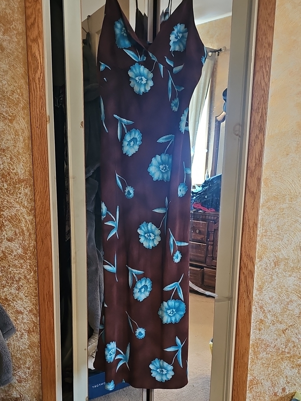 Newport News Brown Dress with Teal Floral Accents W/ Teal Sheer Shawl